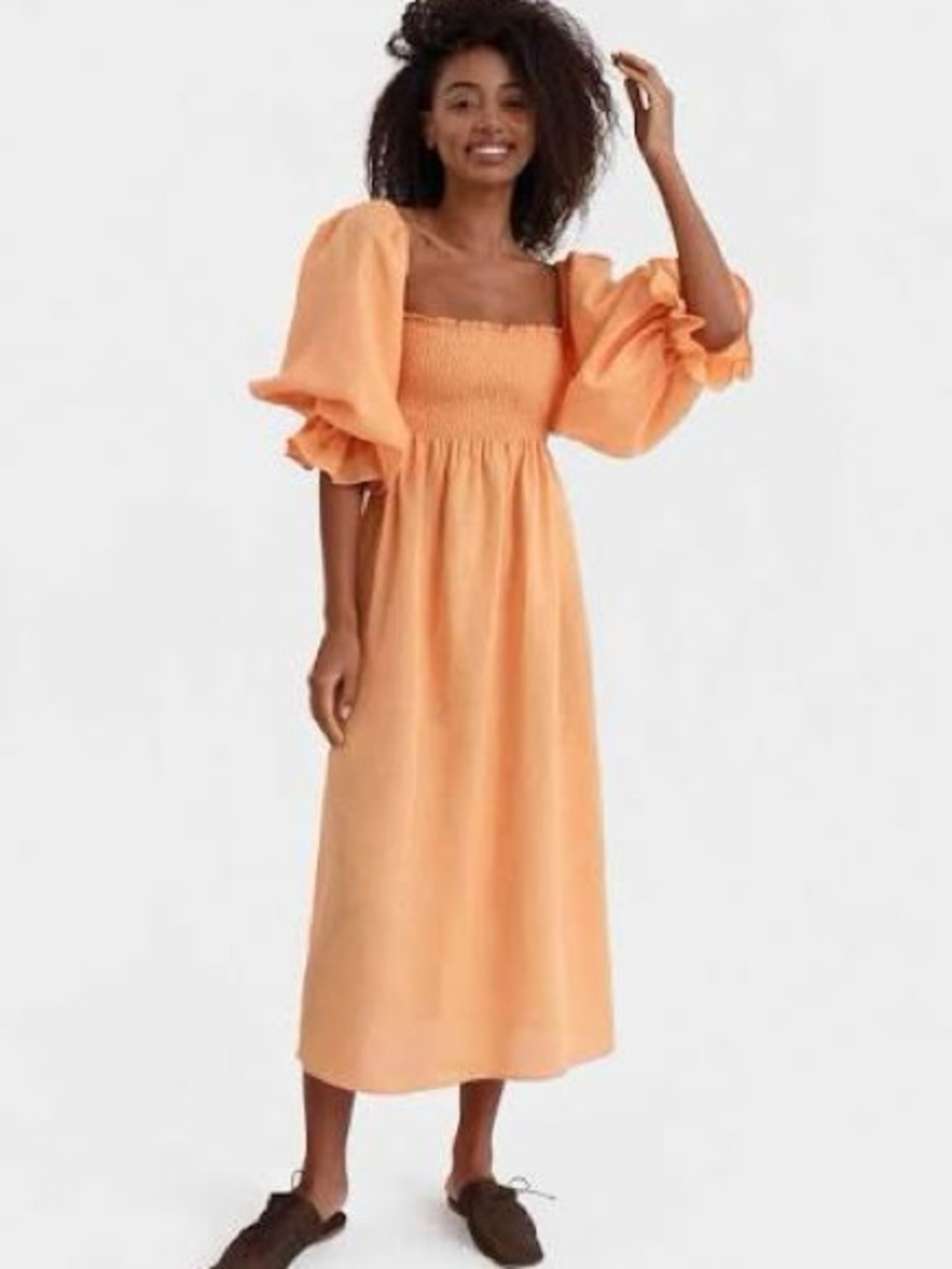 Sleeper Atlanta Shirred Linen Off The Shoulder Midi Dress in Coral